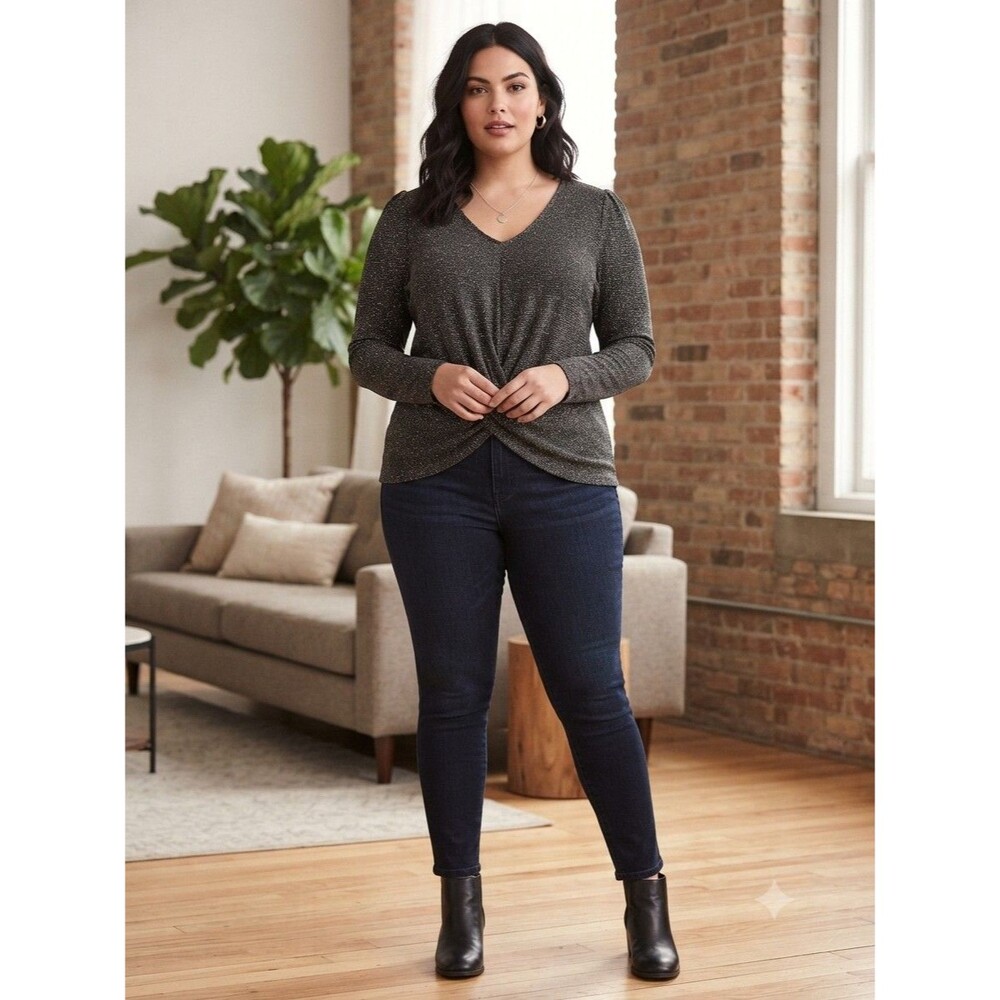 Cato Black & Silver Metallic Shimmer Plus Size Twist-Front Blouse